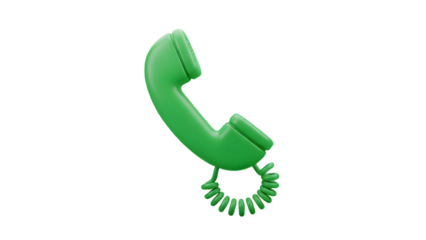 Green plastic telephone receiver with curly cord isolated on white background