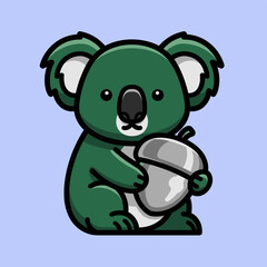 Adorable Green Koala Holding Acorn Cartoon Illustration.