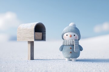 Adorable snowman with scarf beside snow covered wooden mailbox