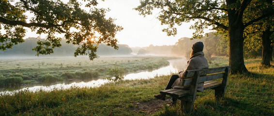 Woman wearing beanie sits on bench enjoying peaceful scenery in the morning