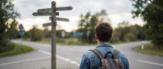 Crossroads decision making man standing at junction with multiple directional signs