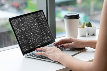 Mathematic equations and modish formula on computer screen showing concept of science and education
