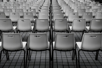 Obraz premium Rows of Empty Chairs in Industrial Style Conference Room - Black and White Modern Furniture for Meeting Spaces and Venue Seating Decor