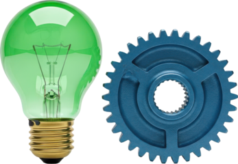 Green Light Bulb and Blue Gear Cogwheel