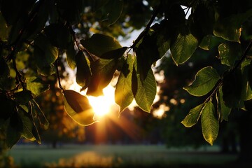 Sunlight filtering through lush green leaves in a forest setting