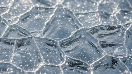 Extreme close-up macro texture of frozen ice with trapped air bubbles and crystalline patterns reflecting bright winter sunlight.
