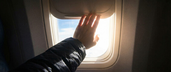 Person opening airplane window shade with bright sunlight shining through window pane