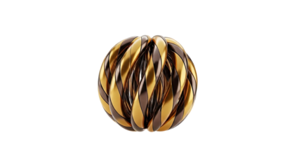 3D Golden and bronze abstract sphere with swirling ribbons on transparent background