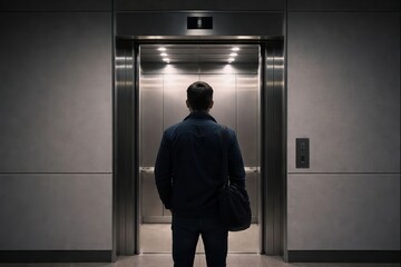 Fototapeta premium Man Waiting in Front of Elevator Doors