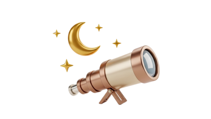 3D Telescope and Golden Moon with Stars on transparent background
