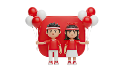 3D Children holding red and white balloons on transparent background