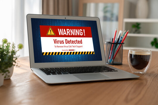 Virus warning alert on computer screen detected modish cyber threat , hacker, computer virus and malware - Powered by Adobe