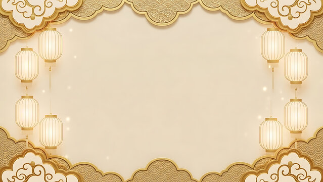 Elegant beige background with golden clouds and lanterns for festive occasions.