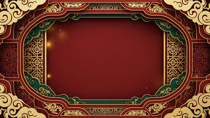 Ornate Chinese New Year frame with gold clouds and red background.
