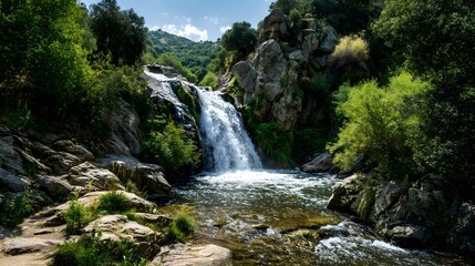 Fototapeta premium Majestic Waterfall Cascading Through Lush Green Forest Scenery.