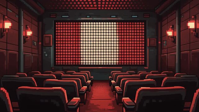 Vintage 80s style pixel art movie house interior with a dot pattern background and cinematic red lighting for lo-fi projects.
