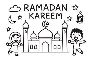 The vector artwork presents two small children and a mosque as they celebrate Ramadan Kareem, symbolizing peace, devotion, family values, and the beauty of sharing sacred moments together.