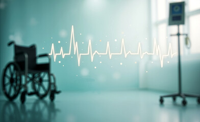 Glowing heartbeat line floating in empty hospital room with wheelchair and IV stand, modern medical monitoring and patient care concept