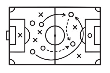A vector depicts a football tactic sketched on a chalkboard, featuring monochrome field markings, player icons, and directional arrows that visualize strategy, movement, and match preparation