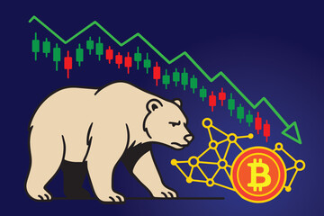 Vector graphic shows a bearish Bitcoin crypto trend, featuring declining charts and negative movement to symbolize market correction, uncertainty, and the dynamic nature of digital currency trading.