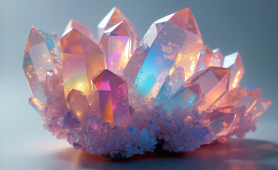 Iridescent crystal cluster glowing with pastel colors, translucent quartz formation with prismatic light and dreamy fantasy aesthetic