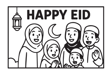A cheerful cartoon vector illustrates a Muslim family celebrating Happy Eid, featuring happy faces, traditional clothing, and a warm atmosphere that reflects unity, faith, and joyful celebration.