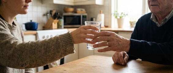 Close up shot of hands passing glass of water between adult and senior