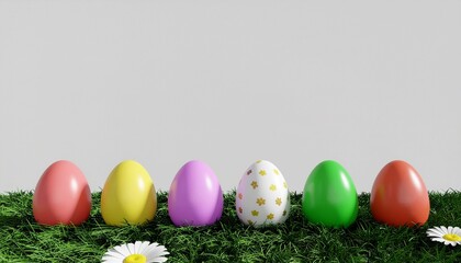 Painted easter eggs template celebrating a Happy Easter with cut green meadow grass and daisies with a white background.