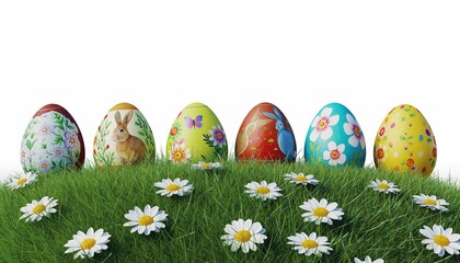Painted easter eggs template celebrating a Happy Easter with cut green meadow grass and daisies with a white background.