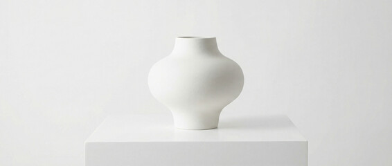 Elegant white ceramic vase on display in minimalist studio against white backdrop