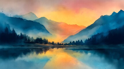Fototapeta premium Misty Mountain Lake at Sunrise with Vibrant Sky Reflection.