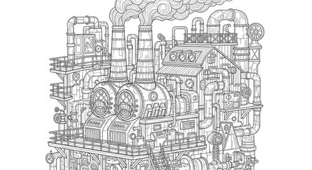 Obraz premium Intricate line art depicts a complex industrial facility featuring multiple boilers and smokestacks