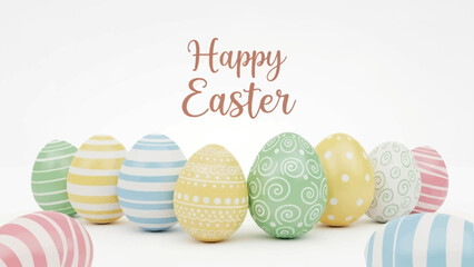 Happy Easter greeting with colorful decorated eggs on a white background, perfect for festive celebrations and springtime joy