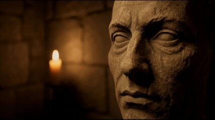 An ancient stone bust silently observes the flickering candlelight from deep inside a foreboding, haunted chamber, evoking a sense of enduring mystery and historical presence