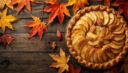 Realistic autumn themed shot with an apple pie and dried colorful maple leaves