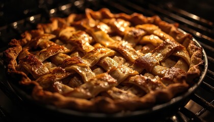 High quality photo of a perfectly charred apple pie crust in a dim kitchen
