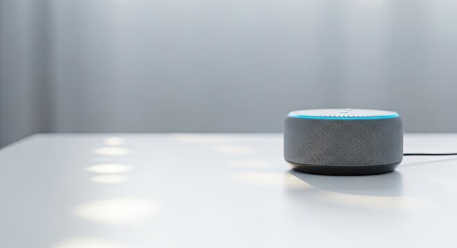 A gray Amazon Echo Dot speaker on a white table with a light background.