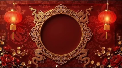 An opulent and happy Chinese New Year festive backdrop, featuring a beautiful golden ornate frame, traditional lanterns, and symbolic dragons, ready for a prosperous new beginning - Powered by Adobe