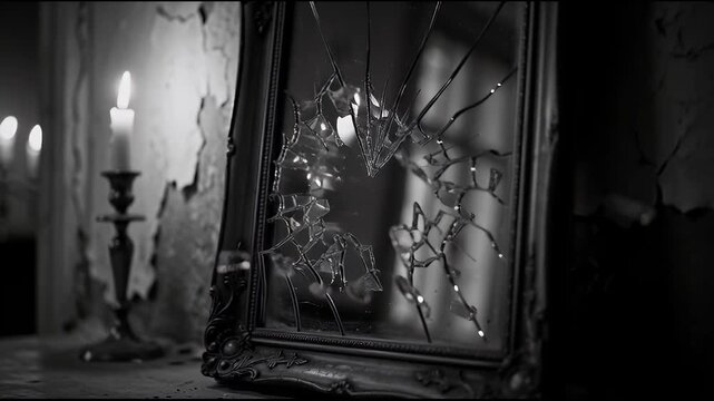A haunting reflection of shattered reality, revealing the desolate and eerie mysteries hidden inside an abandoned, decrepit mansion, evoking a sense of forgotten history and psychological suspense