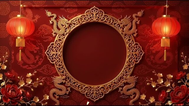 An opulent and happy Chinese New Year festive backdrop, featuring a beautiful golden ornate frame, traditional lanterns, and symbolic dragons, ready for a prosperous new beginning