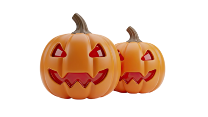 3D Two carved Halloween pumpkins with grinning faces on transparent background