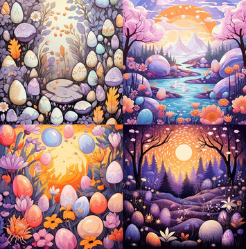 Vibrant naive art style eggshell background with papel and royal midias elements in a fantastical landscape