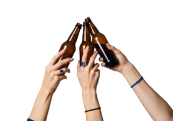 three distinct caucasian female hands clinking uncapped dark brown glass bottles in a dynamic, high-key studio shot with neutral gray copy space. concept for celebratory beverage advertising
