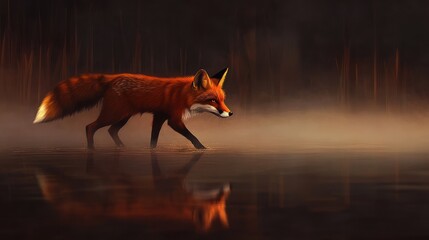 Obraz premium A beautiful red fox walks through the water, its reflection visible below, creating a serene and captivating scene in a natural environment with atmospheric fog