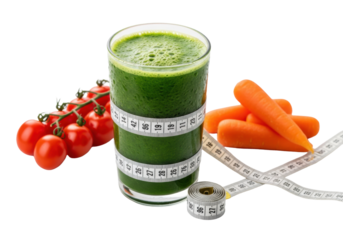 Vibrant emerald green detox smoothie in a clear, cold glass wrapped with a measuring tape, surrounded by red heirloom cherry tomatoes and orange baby carrots on a transparent background. Concept of