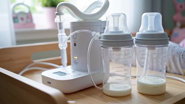Electric Breast Pump and Baby Bottles with Fresh Milk for Infant Feeding.