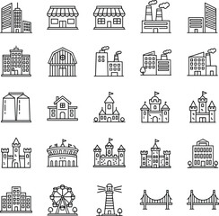 City and architecture outline icon set featuring buildings factories castles landmarks bridges and urban structures for web app designWeb