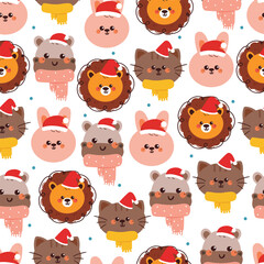 cute seamless pattern cartoon animals wearing Christmas element for Christmas and winter wallpaper