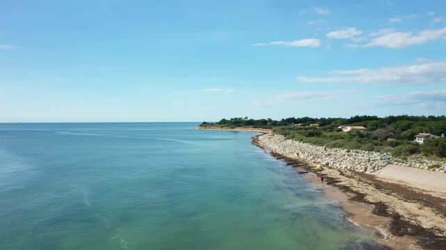 A tranquil coastline with clear blue water, rocky shore, and green vegetation on ile de Re, France, under a bright sky. A few people enjoy the peaceful beach scene.