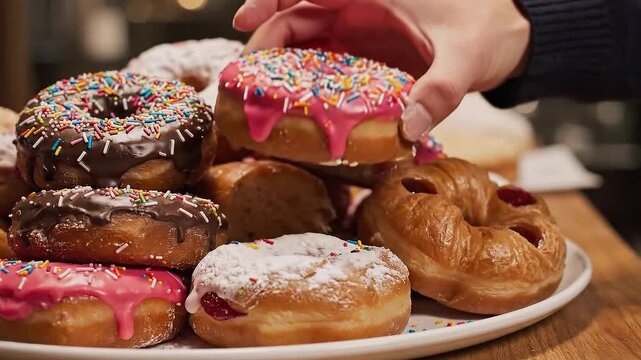 Hand reaching for colorful frosted donuts with sprinkles sweet pastry dessert for cafe or bakery.